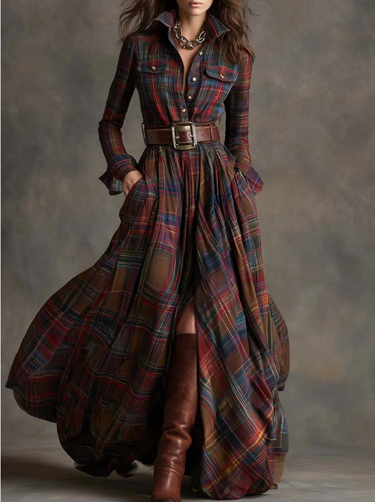 Aurora | Abito Maxi a Quadri Autunnali